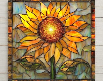 Pode incluir: Um painel de vitral quadrado com um girassol central de pétalas amarelas e laranjas vibrantes. O centro da flor é composto por peças de vidro âmbar texturizado. Duas folhas verdes estendem-se do caule contra um fundo azul-claro.