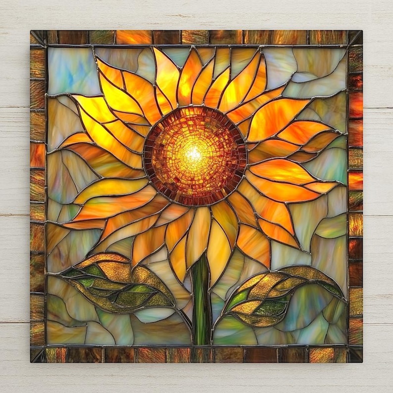 This glowing sunflower ceramic tile features a radiant mosaic center, warm amber petals, and green leaves in a stained glass style. Perfect for rustic wall decor or gifting. Optional hanger, cork backing, and tile stand available.