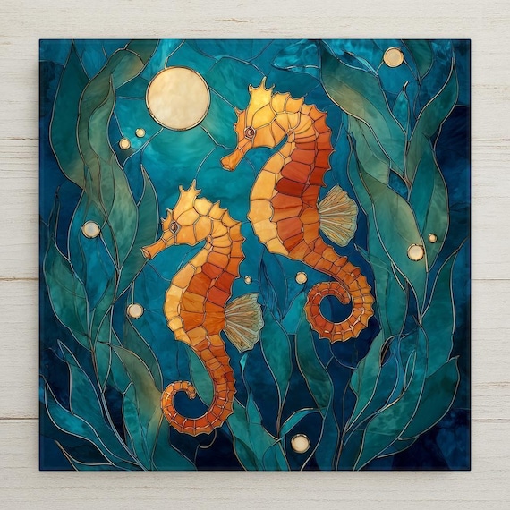 Seahorse Ceramic Tile Wall Art - Stained Glass Style Ocean Decor, Coastal Beach Home Meaningful Sea Life Nautical