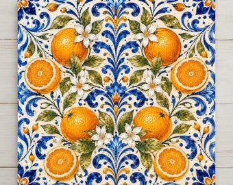 Orange Blossom Majolica Ceramic Tile | Mediterranean Kitchen Wall Art | Italian Citrus Patterned Tile | Cobalt Blue Decor