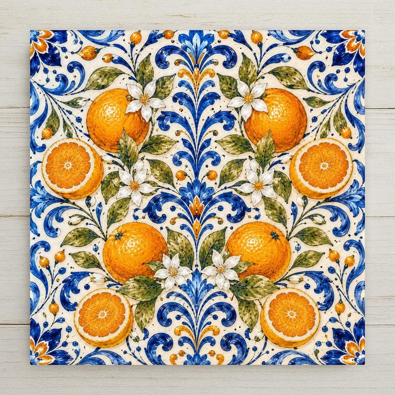 A balanced majolica spray of bright whole and halved oranges with white blossoms and green leaves in cobalt blue and warm orange-yellow on a soft cream tile.