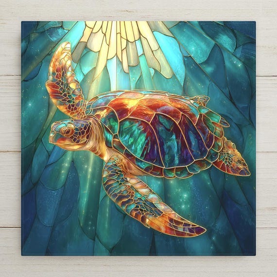 Stained Glass Style Sea Turtle Tile Art: Ocean Home Decor
