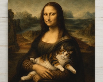 May include: A square canvas print featuring a portrait of a woman with long dark hair wearing a dark dress, holding a brown and white tabby cat in her lap. The background depicts a landscape with mountains and a winding river in muted earth tones.