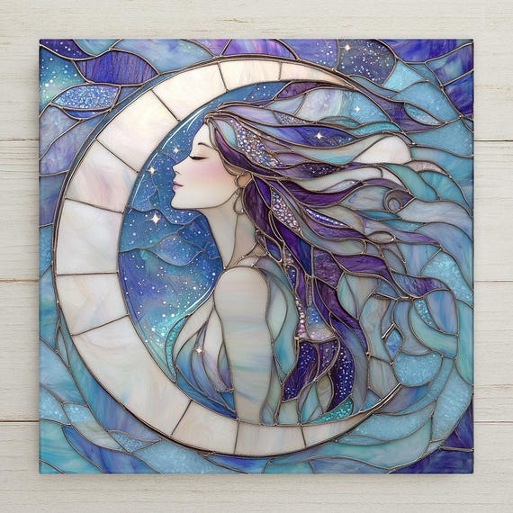Moon Goddess Ceramic Tile: Stained Glass Style Celestial Wall Art