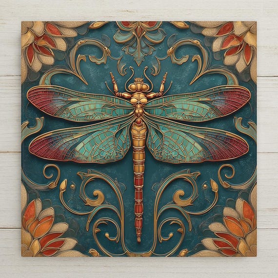 Damselfly Art Deco Ceramic Art Tile: Vintage Bronze Art Nouveau Wall Decor Gallery Home Decor Insect Lover Gift Retro 1920s