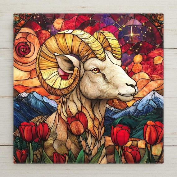 Aries Zodiac Ceramic Tile: Stained Glass Wall Art Decor for March/April Birthday & Astrology Enthusiasts