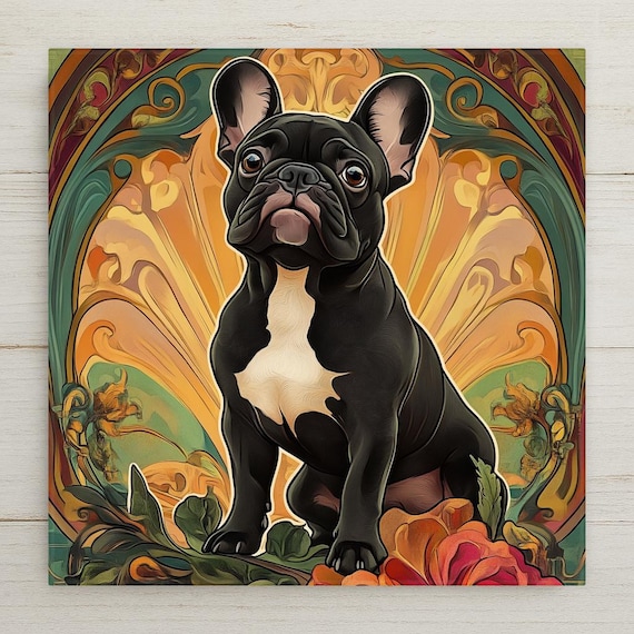 Art Nouveau French Bulldog Tile: Mucha-Inspired Floral Ceramic Wall Art