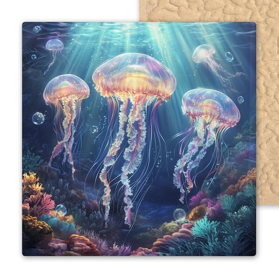 Glowing Jellyfish Ceramic Tile: Ocean-Inspired Trivet, Wall Art & Bathroom Decor for Coastal Homes
