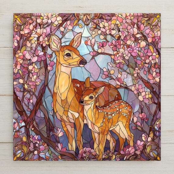 Deer and Fawn Ceramic Tile Wall Art – Stained Glass Style Woodland Decor, Spring Blossoms Nature Display, Rustic Cabin Home Gift