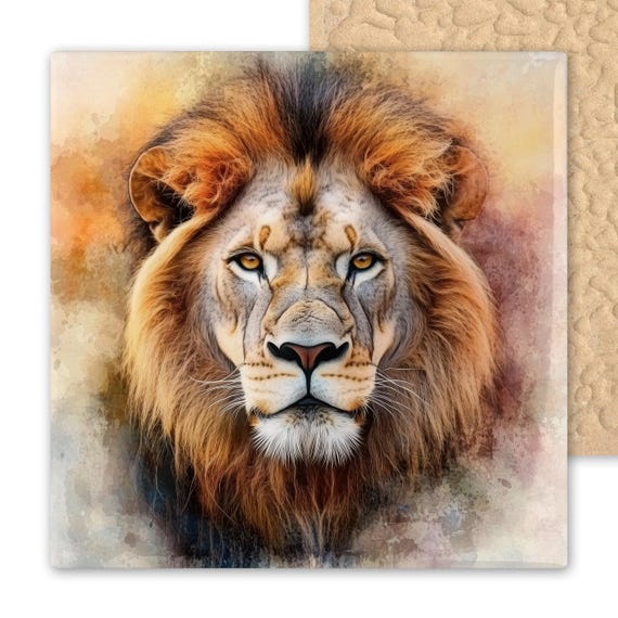 Majestic Leo Lion Ceramic Tile: Watercolor Jungle Animal Wall Art for Safari-Themed Home or Office Decor