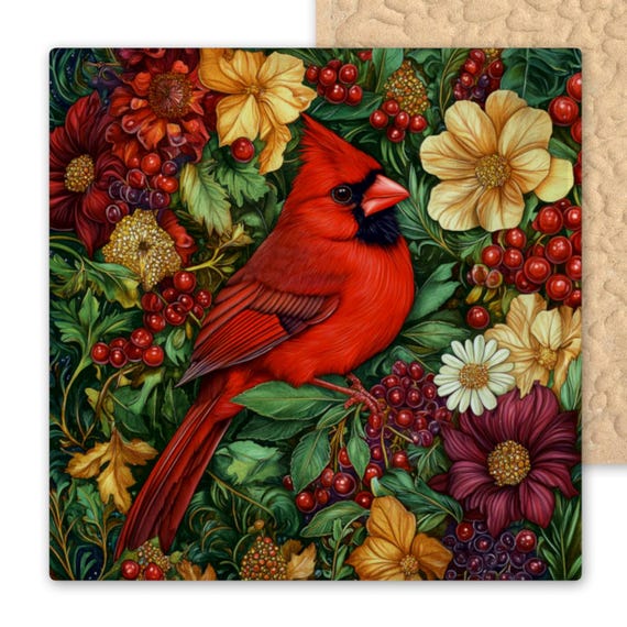 Art Nouveau Red Cardinal Ceramic Tile - William Morris Inspired Woodland Bird Wall Decor for Nature Lovers