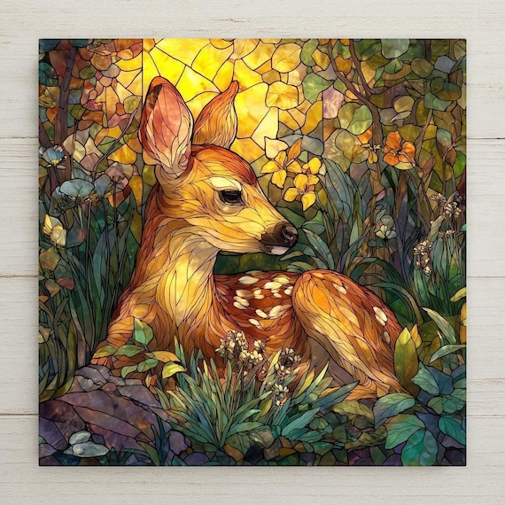 Fawn Ceramic Tile Wall Art - Stained Glass Woodland Deer Nature Forest Animal Home Decor Gift