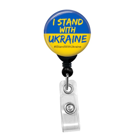 I Stand With Ukraine Badge Reel - Retractable ID Holder with Hashtag Support Design - Ukraine Flag Clip for Nurses, Teachers, Allies