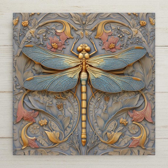 Art Nouveau Dragonfly Symbolic Wall Art Ceramic Tile – Stained Glass Style, Nature Inspired Home Decor