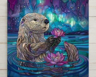 Otter Ceramic Art Tile: Coastal Wall Decor Stained Glass Style Beach House Accent Ocean Home Decor Wall Art