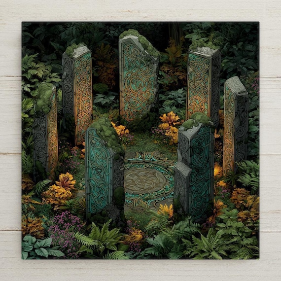 Celtic Standing Stones Ceramic Tile: Enchanted Stained Glass Wall Art for Mystical Home Decor