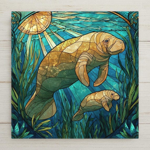 Manatee Ceramic Tile Wall Art – Stained Glass Style Ocean Decor, Coastal Home Decor, Beach House Wall Decor, Sea Life Gift Tile Art