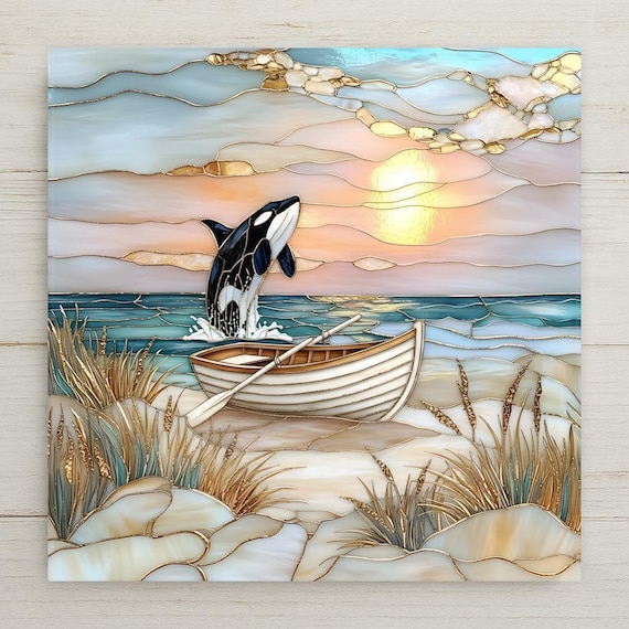 Orca Whale Wall Art Ceramic Tile – Coastal Wall Art Ceramic Tile – Sunset Ocean Scene Beach Decor, Nautical Home Decor
