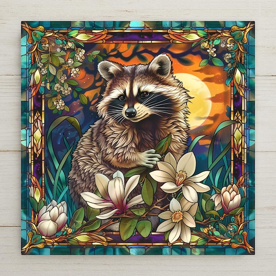 Whimsical Raccoon Ceramic Tile: Stained Glass-Inspired Wall Art with Magnolia & Moon - Woodland Decor