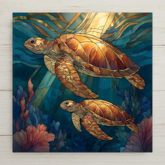 Sea Turtle Wall Art Ceramic Tile – Stained Glass Ocean Coastal Decor Beach House Home Decor Gift