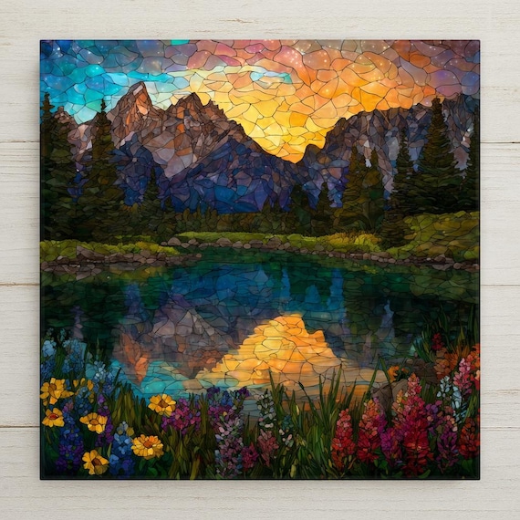 Grand Teton Mountains Stained Glass Ceramic Wall Tile - Alpine Lake Sunset Landscape Art Nature Decor Gift