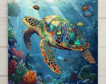 May include: A vibrant sea turtle swims through a deep blue underwater scene filled with colourful coral reefs and various small fish. The turtle shell features a complex, multi-coloured mosaic pattern, while light rays filter down from the surface.
