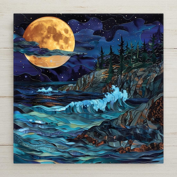 Full Moon Coastal Wall Art Ceramic Tile – Moody Night Ocean Decor – Dramatic Moonlit Seascape – Beach House Home Decor