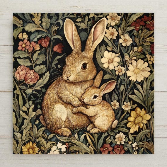 Art Nouveau Bunny Rabbit Ceramic Tile: William Morris Style Wall Decor