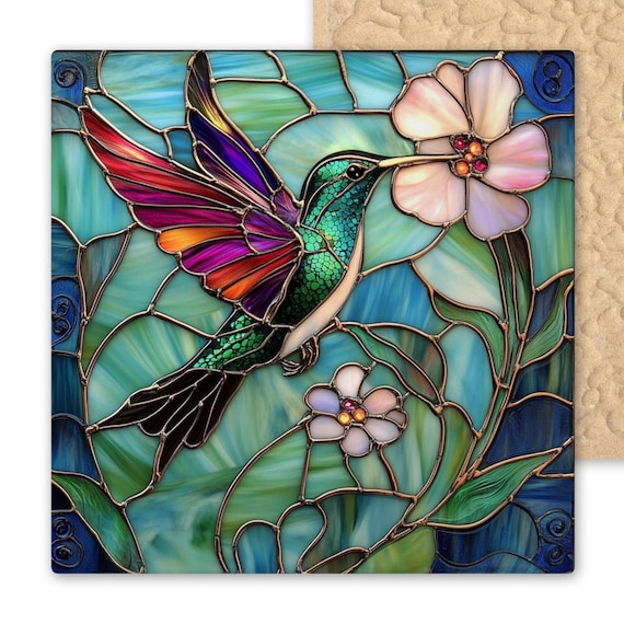 Hummingbird Ceramic Tile Art – Colorful Stained Glass Style Bird and Flower Decor – Handmade Nature Gift – Vibrant Spring Wall Tile