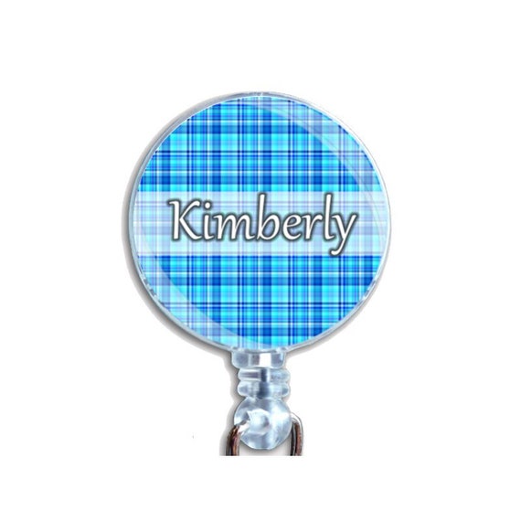 Personalized Custom Badge Reel ID Retractable Card Holder Blue Plaid Pattern Just Add Your Name