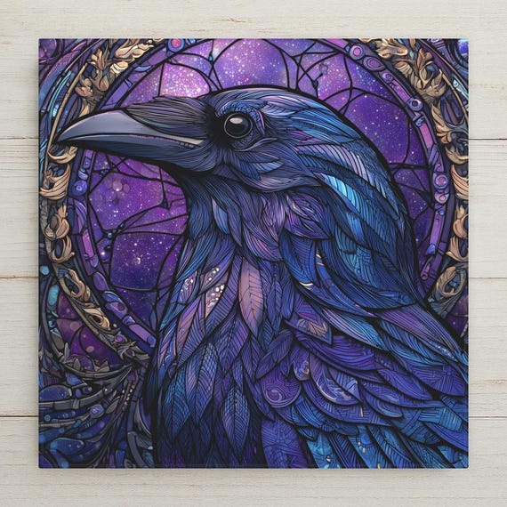 Stained Glass Raven Ceramic Tile Wall Art – Mystical Night Sky Decor, Gothic Bird Design, Dark Forest Home Accent, Unique Wildlife Gift
