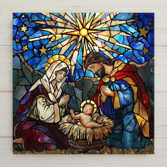 Handcrafted Stained Glass Nativity Ceramic Tile Art: Holy Family Christmas Decor, Religious Holiday Ornament Home Decor Wall Art