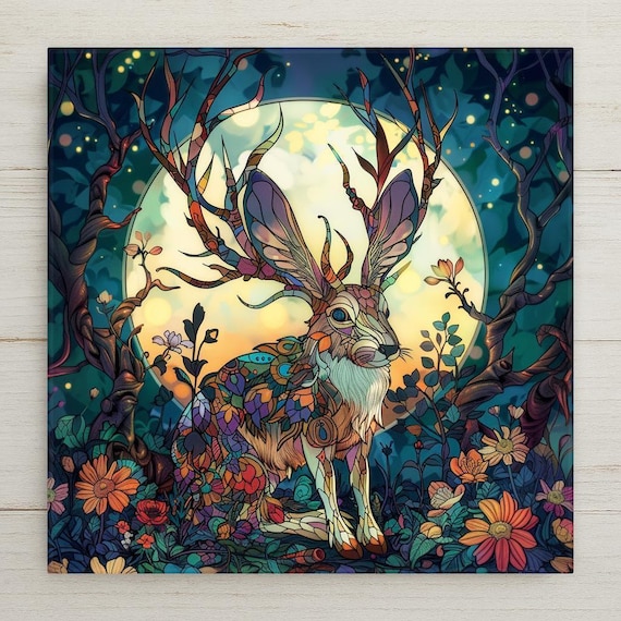 Whimsical Jackalope Ceramic Tile: Stained Glass-Style Wall Art with Full Moon and Flowers