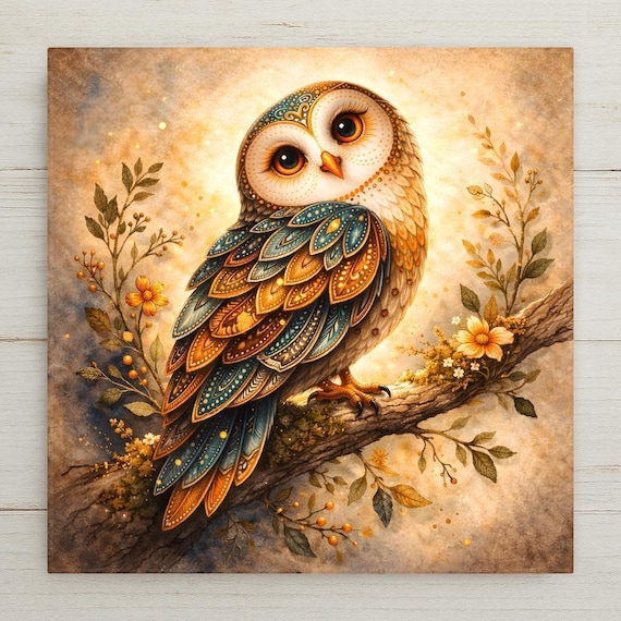 Owl Wall Art Ceramic Tile – Woodland Bird Home Decor, Stained Glass Style Rustic Wall Decor Gift