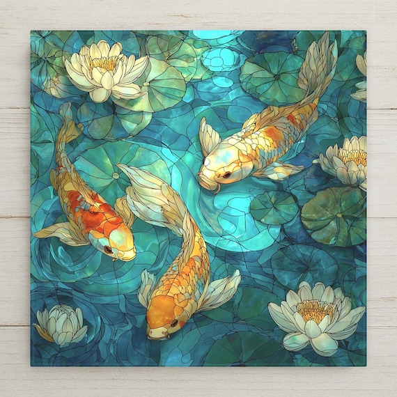 Koi Pond Ceramic Tile Wall Art - Stained Glass Lotus Garden Zen Home Decor, Peaceful Water Nature Artwork