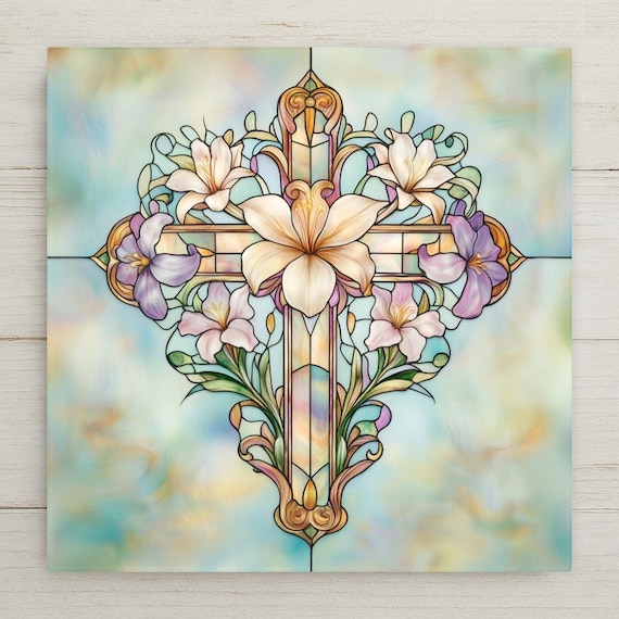 Art Nouveau Floral Ceramic Cross Tile: Easter Gift, Religious Home Decor, Sympathy Present