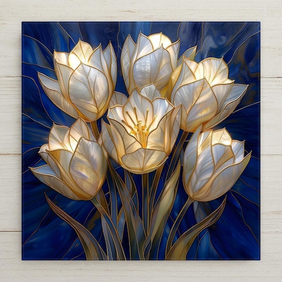 White Tulip Wall Art Ceramic Tile – Stained Glass Floral Decor, Elegant Botanical Home Decor, Blue and Gold Spring Flower Gift
