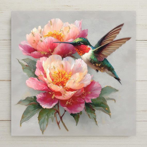 Hummingbird Peony Wall Art Ceramic Tile Fine Art Painting Style Bird Lover Gift Birdwatcher Botanical Floral Nature Decor Art Gift for Her