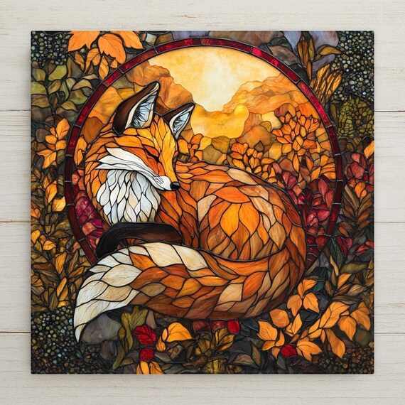 Rustic Autumn Fox Ceramic Tile - Stained Glass Woodland Wall Art - Cozy Nature Decor Gift