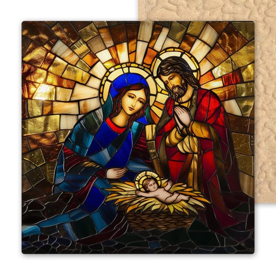 Stained Glass Style Nativity Scene Tile: Religious Christmas Home Decor