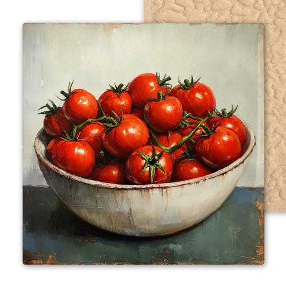 Bowl of Tomatoes Ceramic Tile Art – Rustic Farmhouse Kitchen Decor – Vintage Style Red Tomato Wall Tile – Country Garden Backsplash Gift