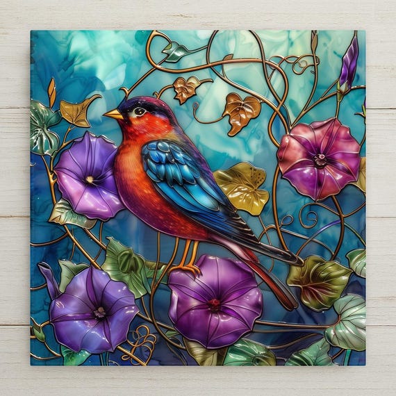 Stained Glass Inspired Red Robin Ceramic Tile Art: Colorful Bird Wall Decor for Nature Lovers Wall Art Home Decor