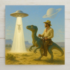 May include: A square wall art print depicting a person in a cowboy hat and tan shirt riding a blue raptor across a desert landscape. A silver UFO hovers in the sky, beaming light down onto a bull, with a large ringed planet visible in the background.