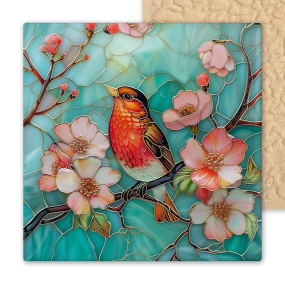 Red Robin Ceramic Tile Art - Cherry Blossom Bird Wall Decor - Stained Glass Style Teal Nature Tile Gift for Spring and Garden Lovers