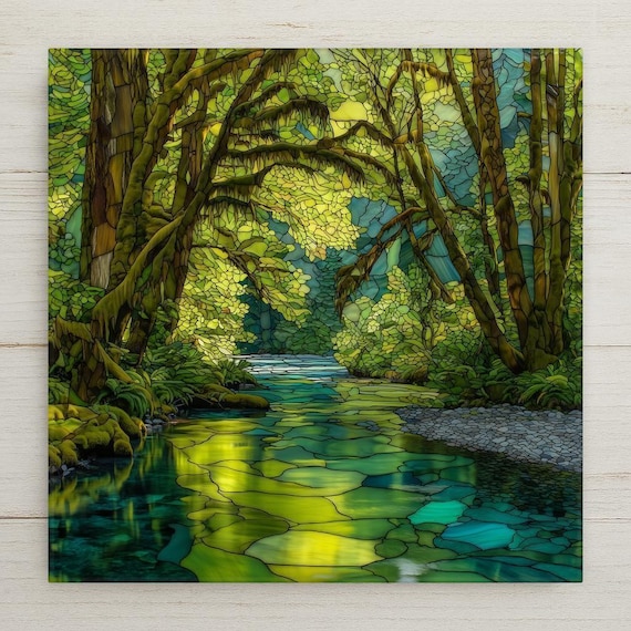 Hoh Rain Forest Ceramic Tile Wall Art – Mossy Forest Creek Stained Glass Style, Olympic National Park Nature Home Decor