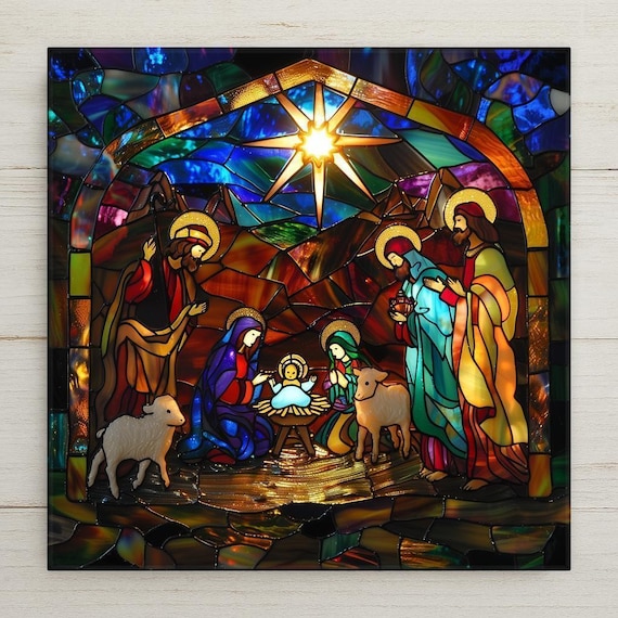 Stained Glass Nativity Scene Tile Art: Holy Family Christmas Wall Decor Religious Holiday Home Gift