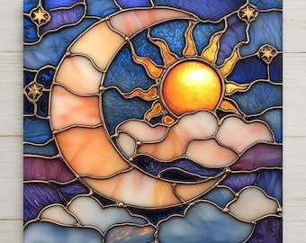 Sun and Moon Wall Art Ceramic Tile Celestial Gift Stained Glass Style Spiritual Decor Boho Moon Nature Art Lunar Gift