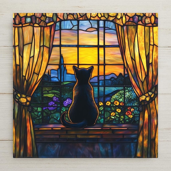 Cat in Window Wall Art Ceramic Tile Cat Lover Gift Cozy Home Decor Housewarming Cat Tile