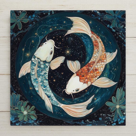 Pisces Zodiac Ceramic Tile: Stained Glass Koi Fish Wall Art