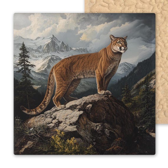 Audubon-Inspired Cougar Ceramic Tile: Rustic Mountain Lion Art for Lodge, Cabin & Western Decor